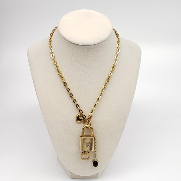 Louis Vuitton Jewelry - Authentic Louis Vuitton Gold Padlock with Unbranded Stainless Steel Chain